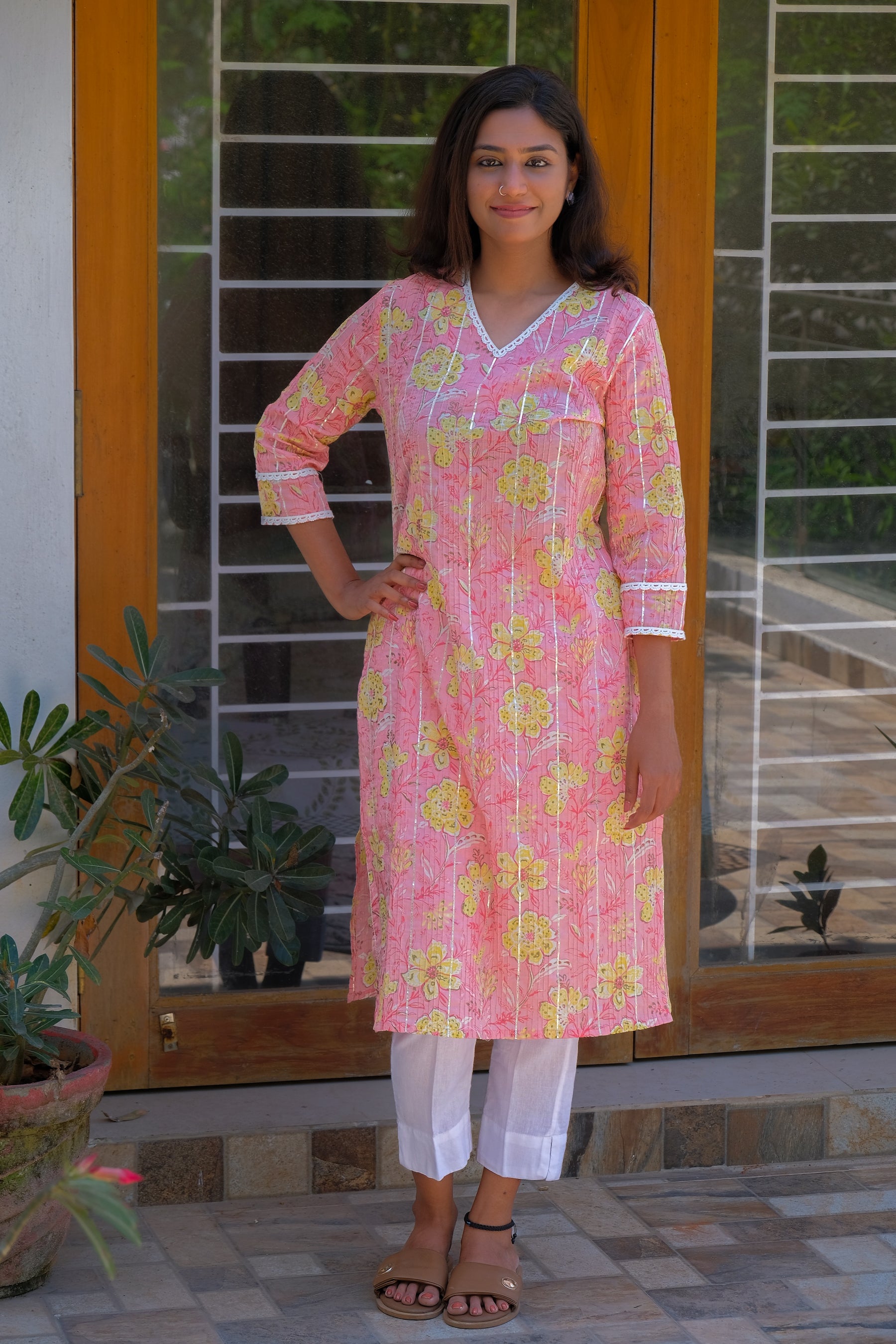Soft pink with Yellow Florals and Delicate White Lace