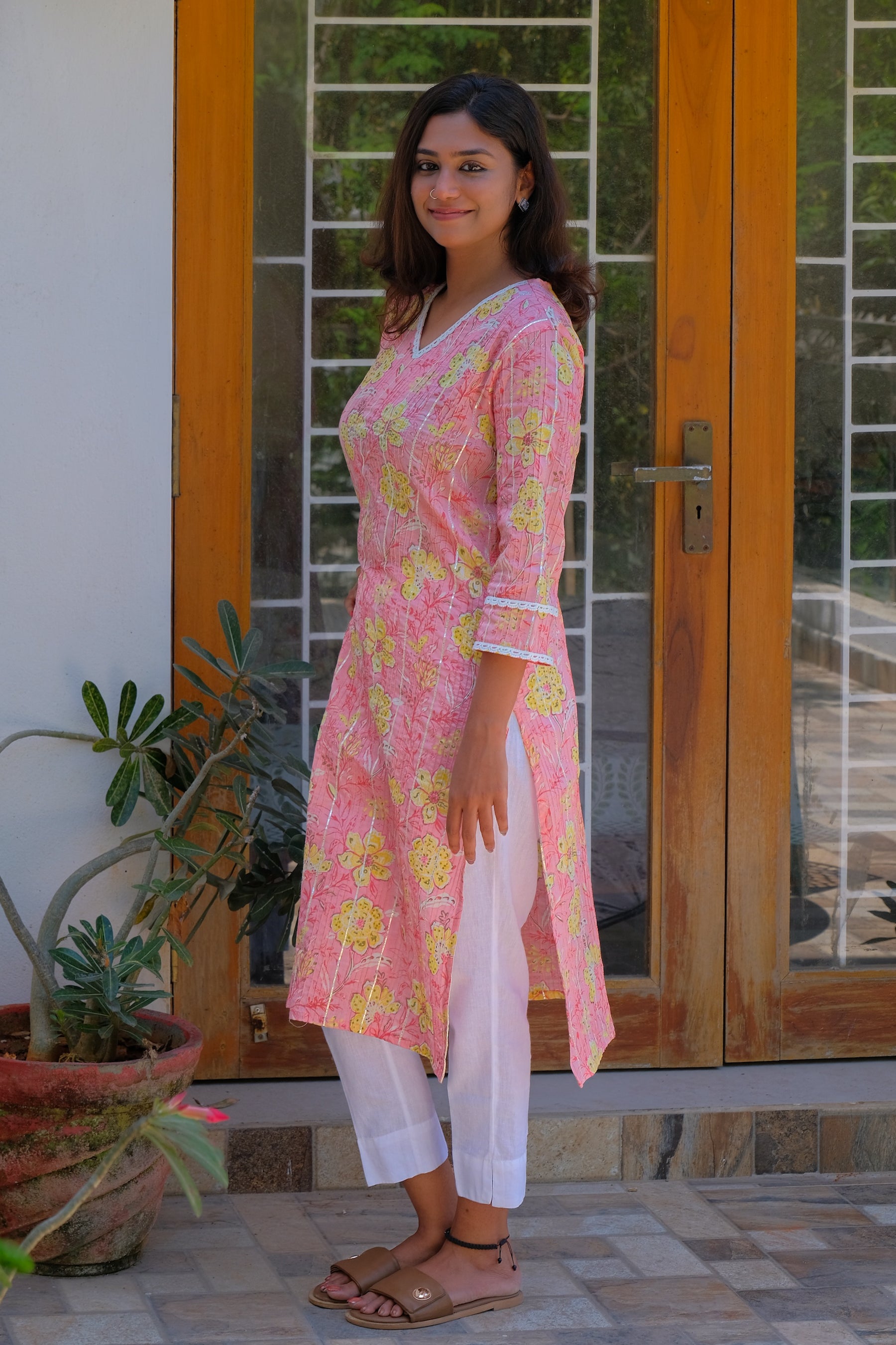 Soft pink with Yellow Florals and Delicate White Lace