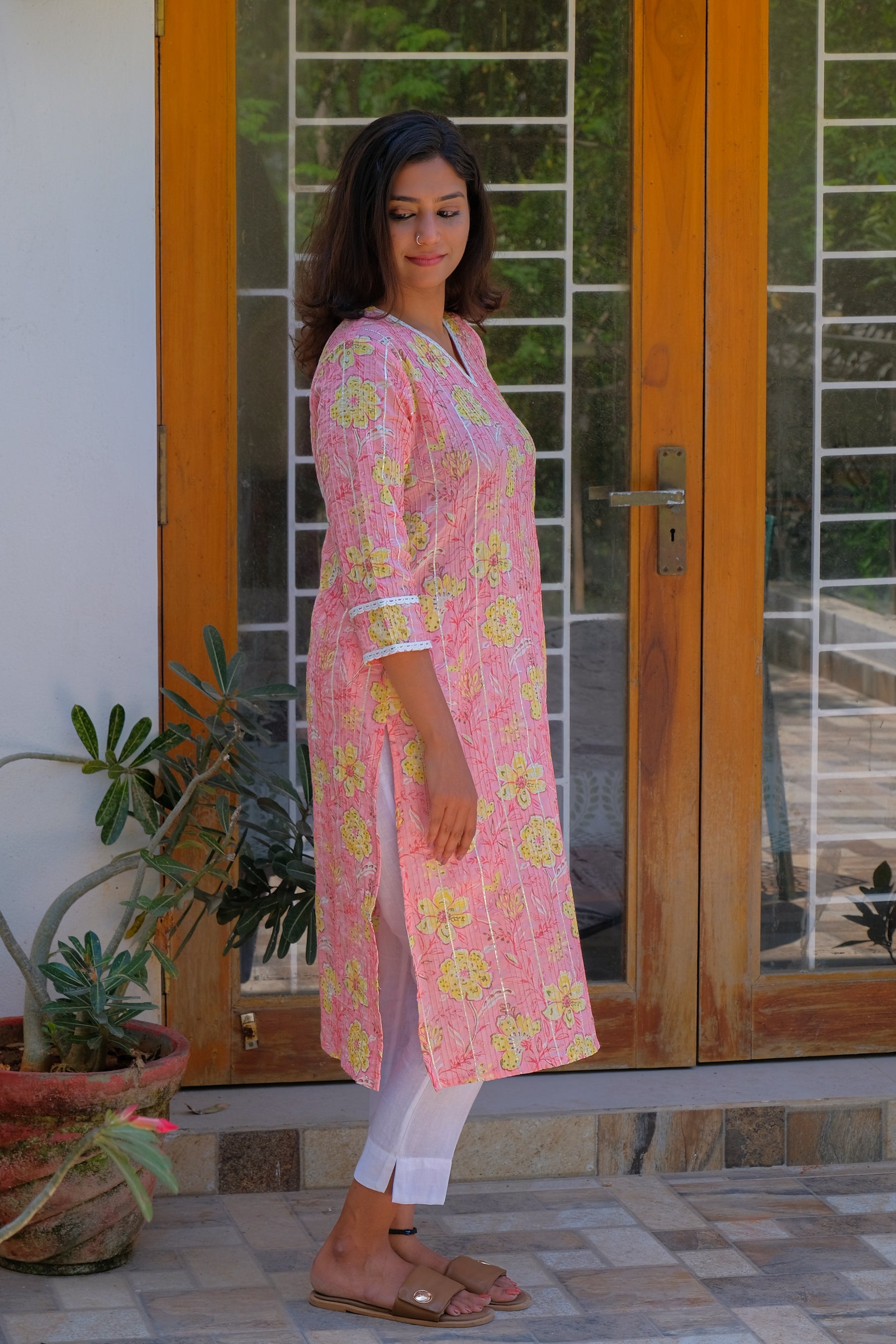 Soft pink with Yellow Florals and Delicate White Lace
