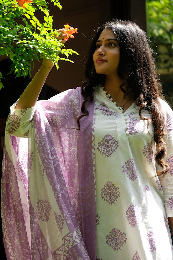Elegant White Cotton Kurti 3 Piece Set with Purple Print Design
