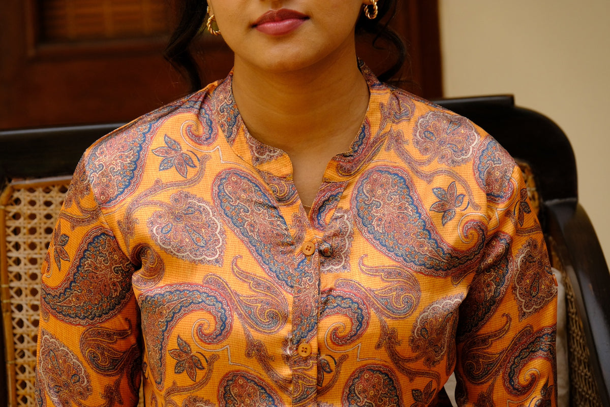 Elegant Smooth Satin Yellow Top with Paisley Print