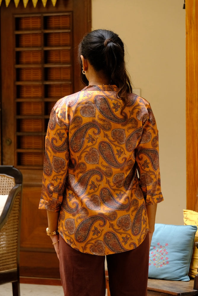 Elegant Smooth Satin Yellow Top with Paisley Print