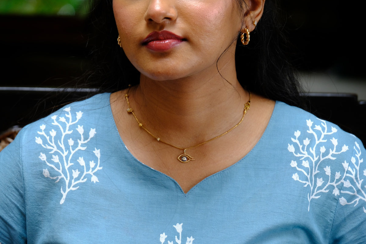 Soothing Blue with Delicate White Floral Motifs and a Statement Indigo border Kurti Top