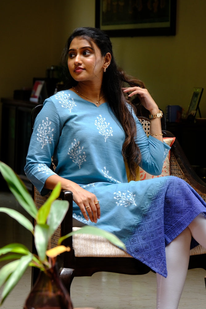 Soothing Blue with Delicate White Floral Motifs and a Statement Indigo border Kurti Top