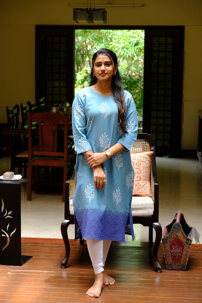 Soothing Blue with Delicate White Floral Motifs and a Statement Indigo border Kurti Top