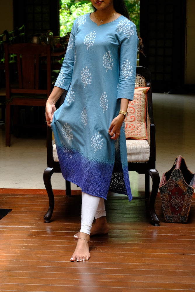 Soothing Blue with Delicate White Floral Motifs and a Statement Indigo border Kurti Top
