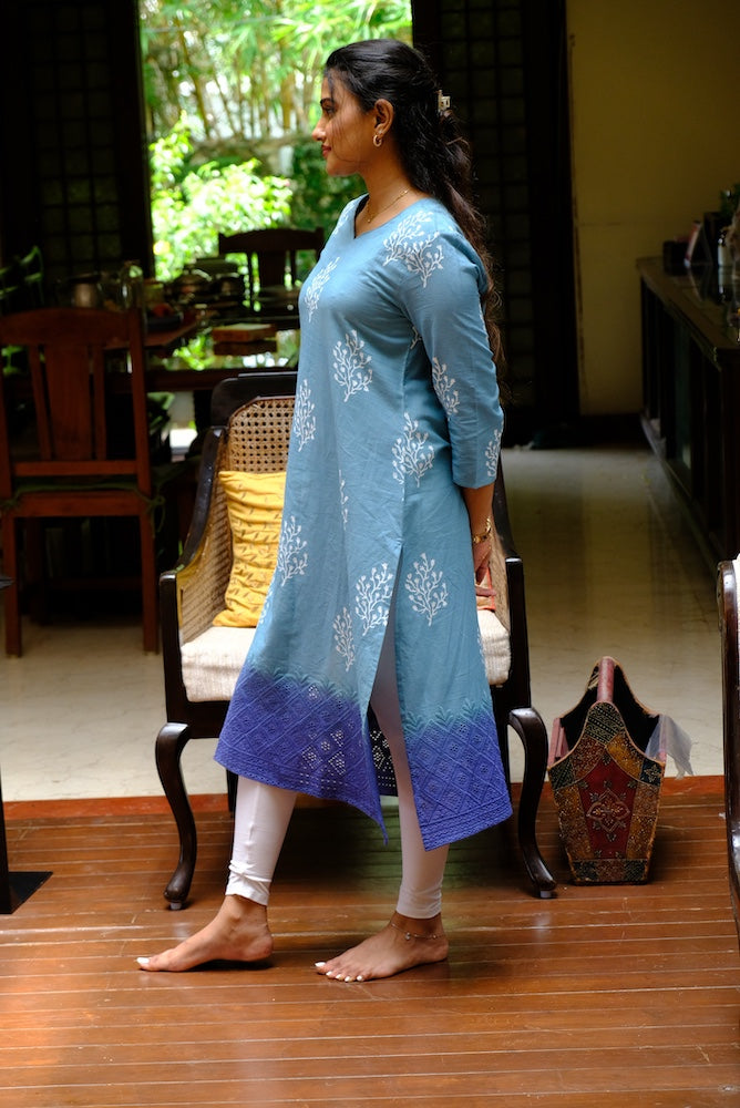 Soothing Blue with Delicate White Floral Motifs and a Statement Indigo border Kurti Top