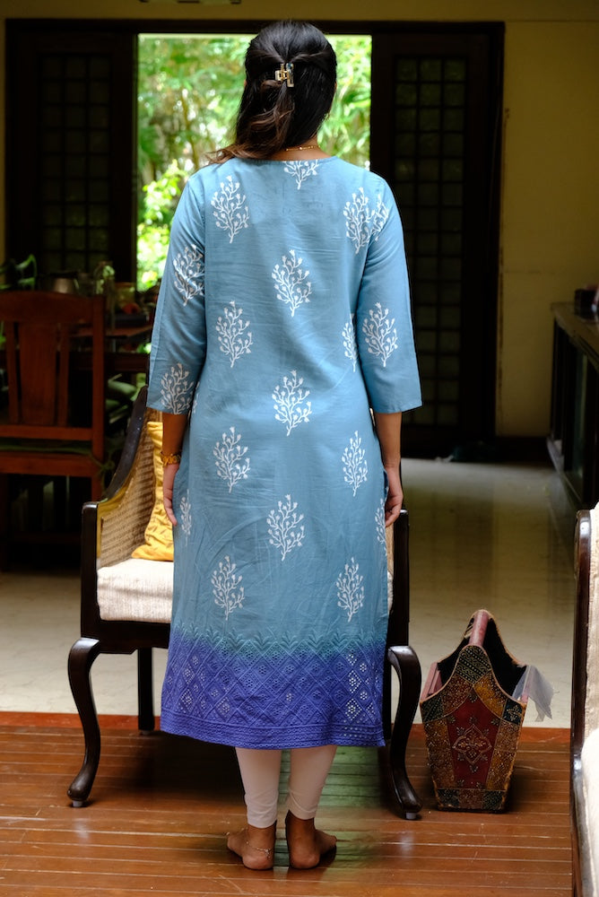 Soothing Blue with Delicate White Floral Motifs and a Statement Indigo border Kurti Top