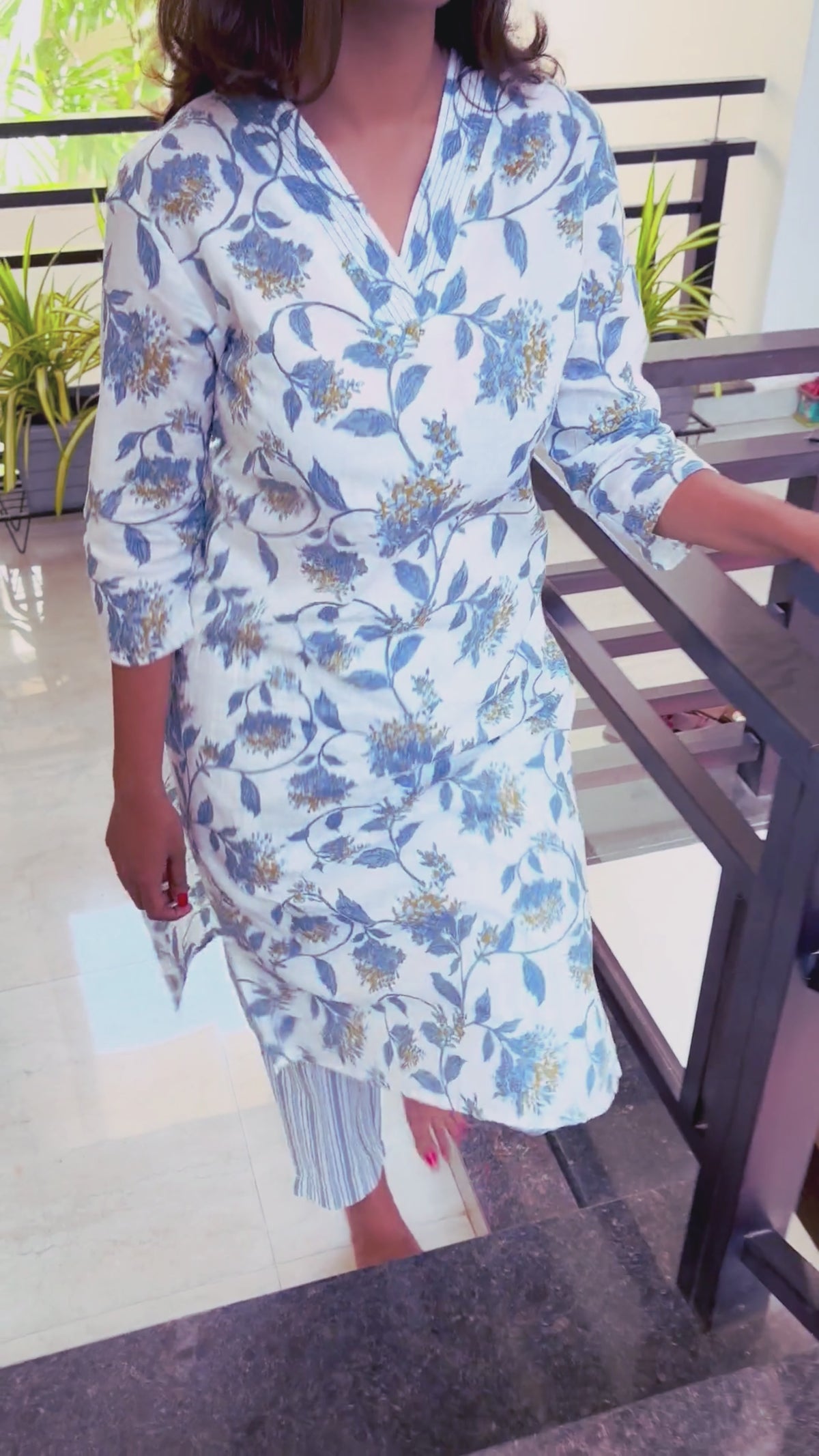 White and Blue Floral Design Cotton Kurti with Pant
