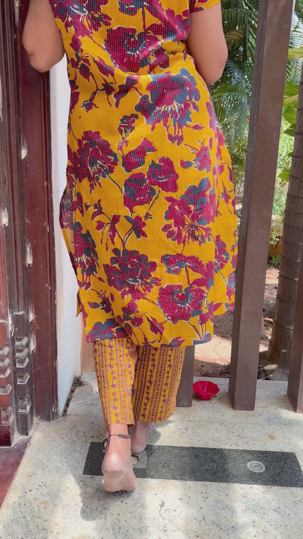 Mustard Yellow and Maroon flowers Cotton Kurti with Pant